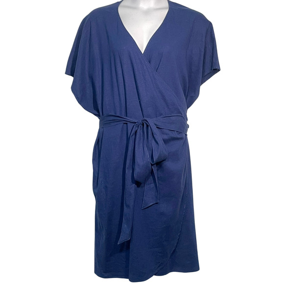 Universal Standard Sz 2X 30-32 Midi Wrap Dress w/Belt Tulip Hem Linen Blend Navy - Picture 1 of 12